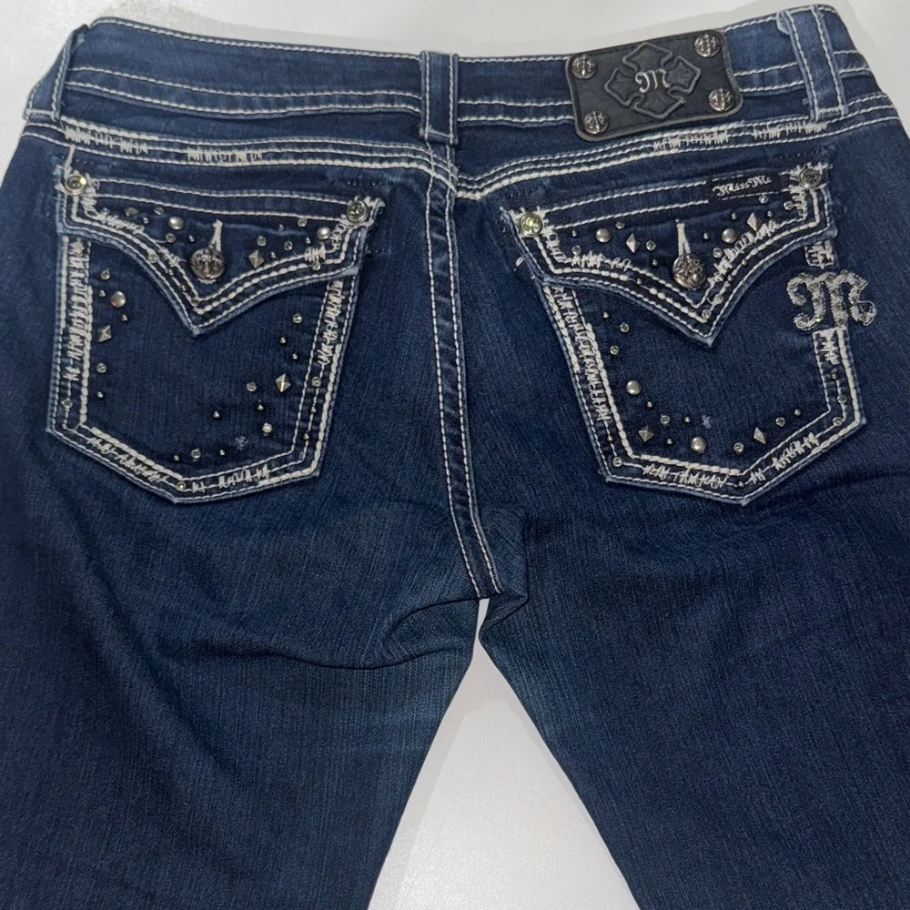MISS ME Dark Indigo Easy Boot Cut‎ Jeans 29 Bedazzled Dark Blue Denim Rhinestone